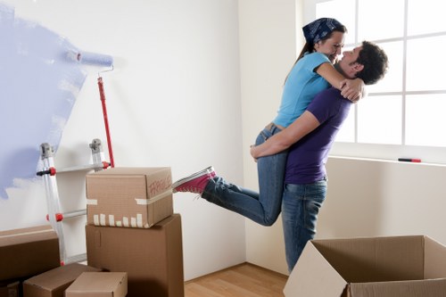 Assorted removal boxes arranged for home relocation